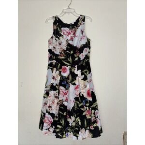 New York & Co Dress Women's Small Black Floral A-Line Sleeveless Pleated